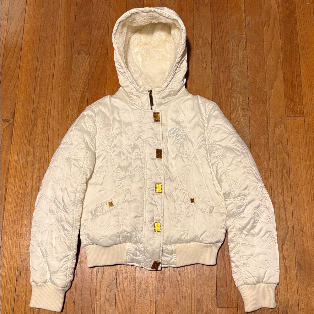 Baby Phat White Puffer Jacket with Zebra Print Lining